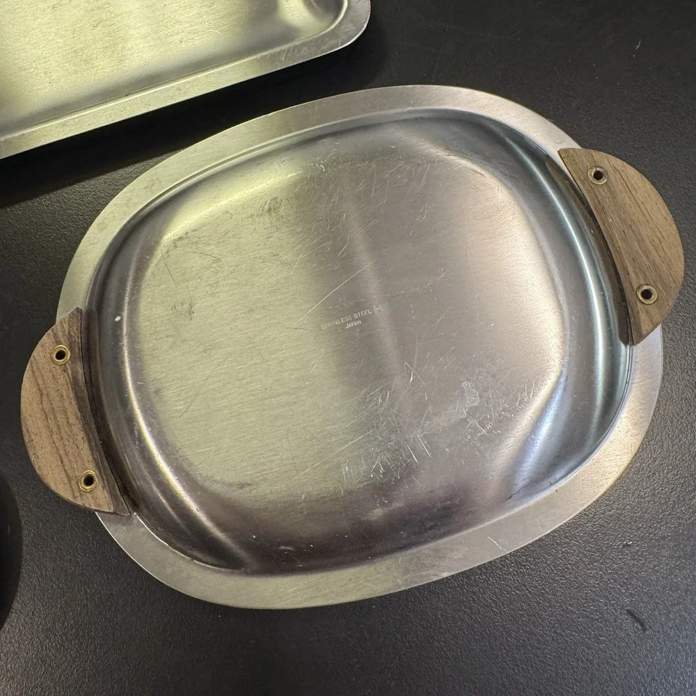 Vintage Imperial‎ Japan Relish Dish Tray Wooden Handles Set Of 5 Stainless MCM